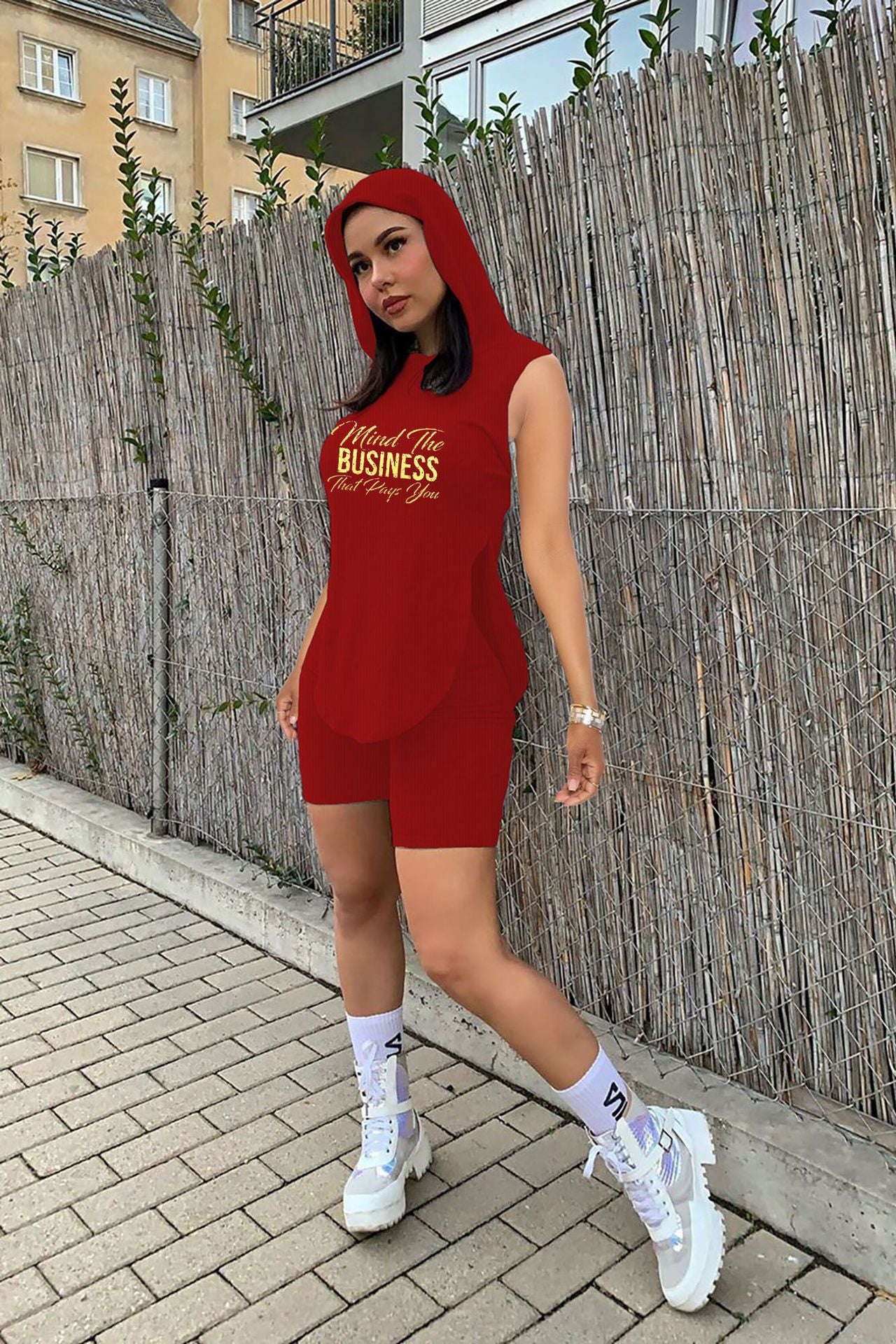 Women's Summer Casual Pit Strip Hood Two Piece Crew Neck Short Sleeve Top and Shorts Pants Printed Fashion Two Piece Set