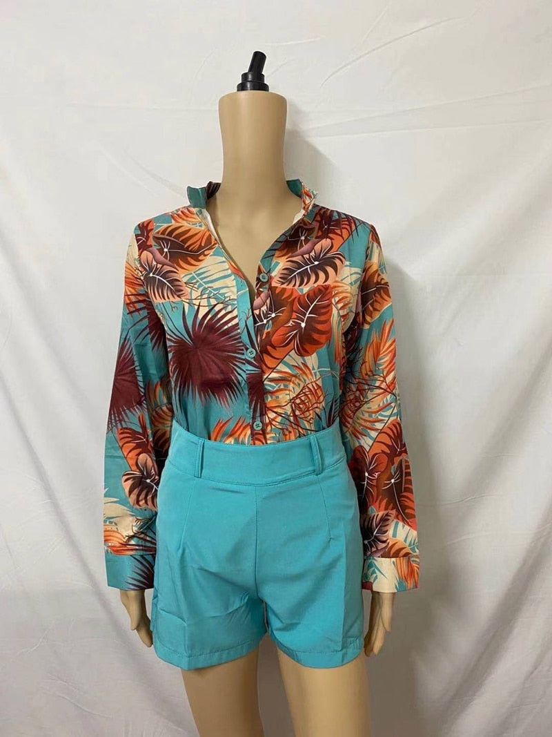 2022 Women's Suit Summer Tracksuit Shorts Sets Two Piece Sets Women Outifits Long Sleeve Sexy Print Blouses Women No Belt
