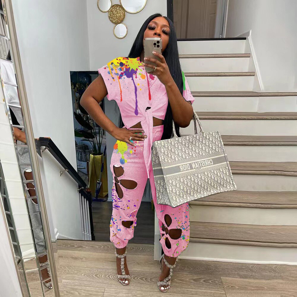 Women Two 2 Piece Set Splash Ink Tie Hem T-shirt and Hole in Lace Pants Streetwear Tracksuit 2022 Office Casual Suit