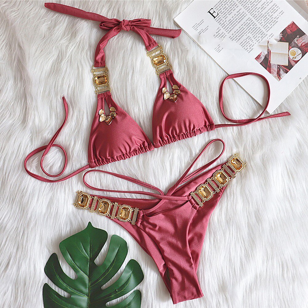 Sexy Rhinestones Thong Bikini Women Solid Green Push Up Glitter Crystal Swimsuit Chain Metal Bathing Suit Luxury Swimwear 2022