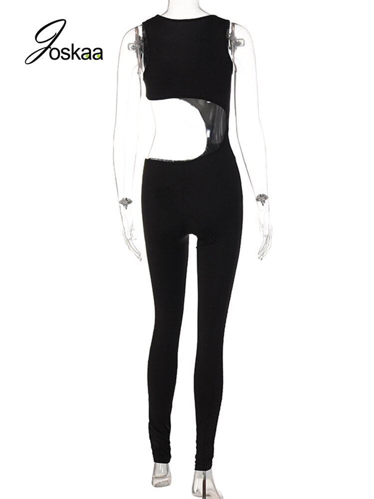 Joskaa Solid Irregular Cut Out Sleeveless Bodycon Rompers and Women Jumpsuits Summer 2022 Sexy Fitness Workout Jump Suits