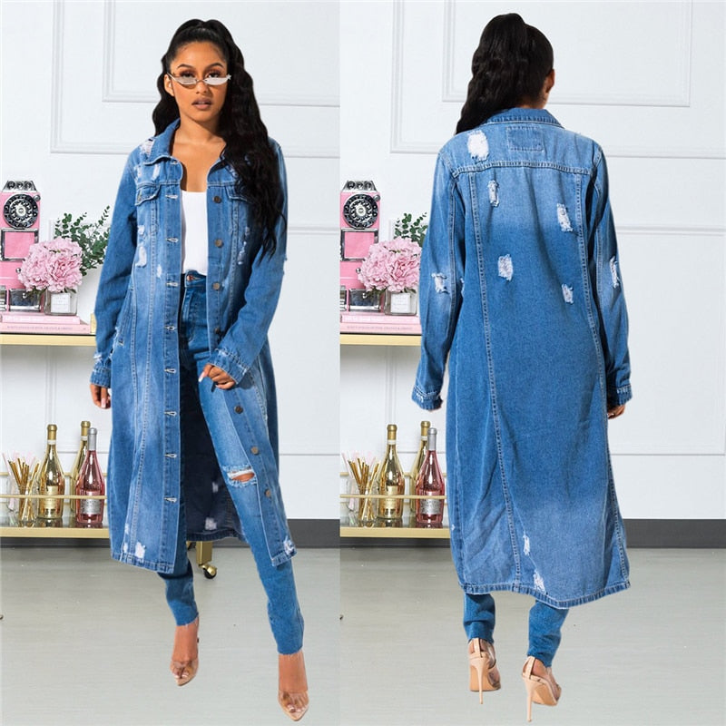 2021 New Arrive Fashion Sexy Hole Cotton Long Denim Jacket Trench Coat Cardigan Jeans Cape for Women Loose Long Sleeve Coat Ddlg