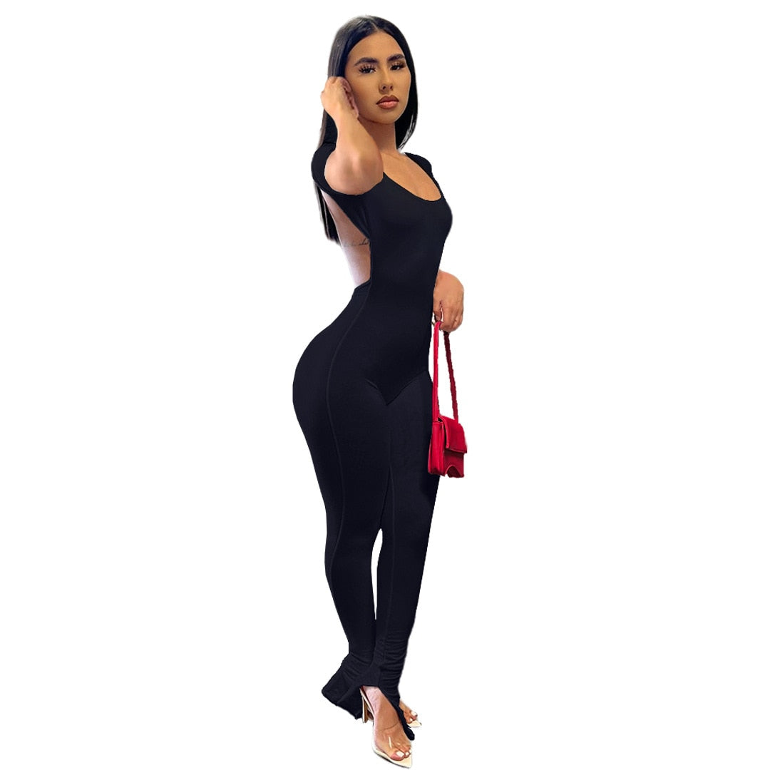 Echoine 2022 Women New Solid Backless Slit Flared Long Pants  bodysuits Short Sleeve Jumpsuits Fasion Sexy Club Party overalls