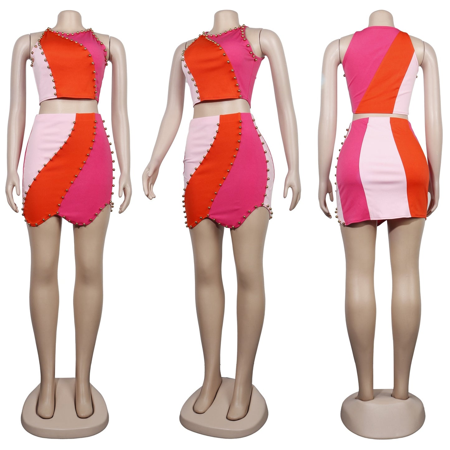 Echoine Summer Contrast Splice Flounces Straight Slim Sleeveless Vest + Mini Skirt 2 Two Pieces Set Women Elegant Party Outfits