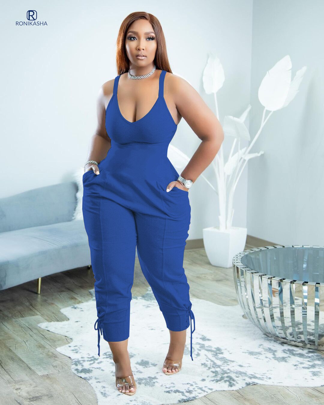 Ronikasha Jumpsuits for Women Sleeveless V Neck Zip Back Lace Up Tank Long Romper One Piece Set