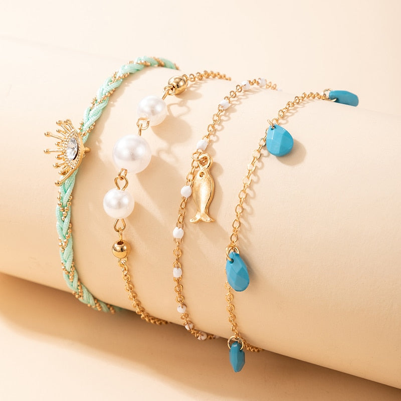 docona Boho Handmade Shell Seed Beads Anklet Set for Women Multilayer Broken Stones Summer Ocean Beach Foot Chains Jewelry 9426