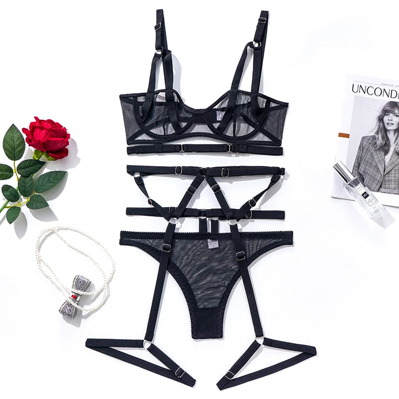 Ellolace Sensual Lingerie Bandage Transparent Erotic Underwear 3 Piece Bilizna Set Underwire Bra Garters Briefs Sexy Intimate