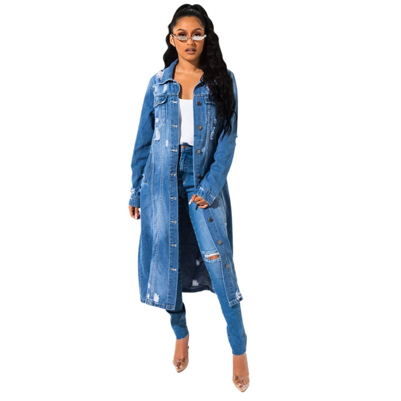 2021 New Arrive Fashion Sexy Hole Cotton Long Denim Jacket Trench Coat Cardigan Jeans Cape for Women Loose Long Sleeve Coat Ddlg
