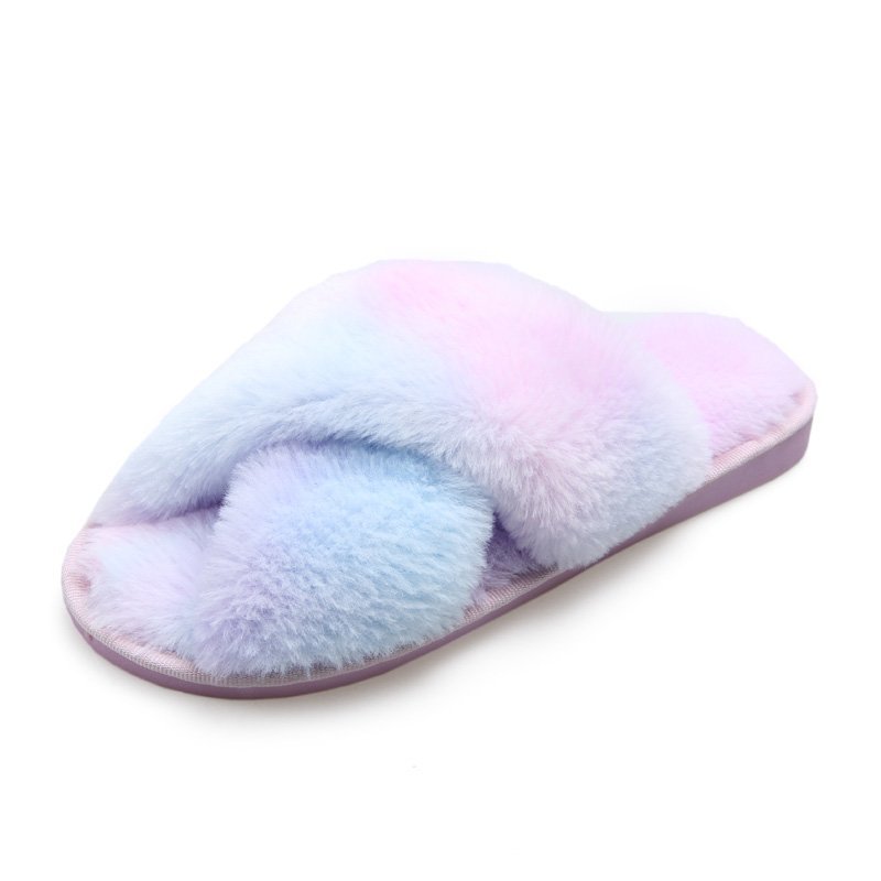 Winter Mixed-Color House Women Fur Slippers Rainbow Color Bedroom Girls Plush Shoes Open Toe Indoor Ladies Furry Slippers
