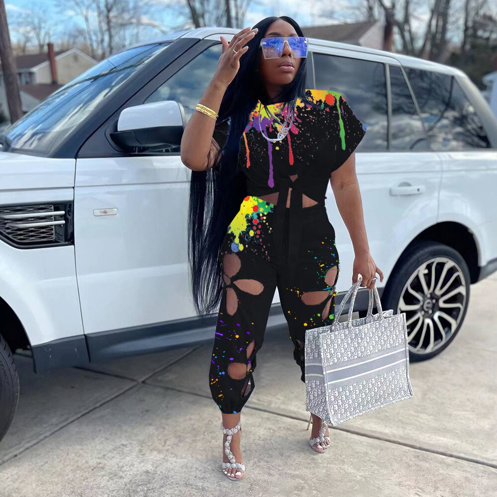 Women Two 2 Piece Set Splash Ink Tie Hem T-shirt and Hole in Lace Pants Streetwear Tracksuit 2022 Office Casual Suit