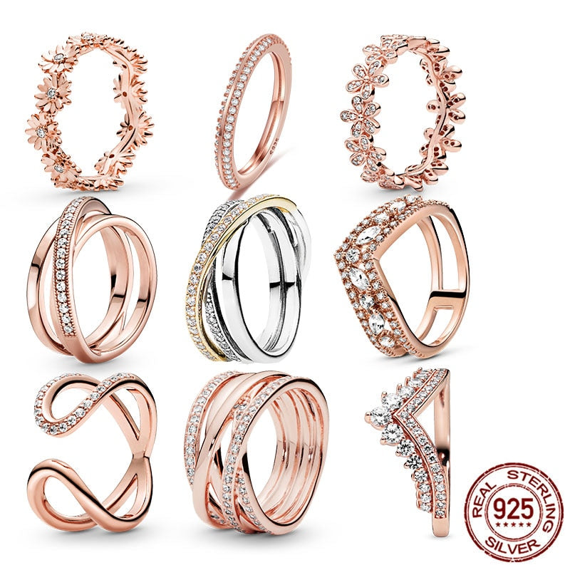 Rose Gold Ring Sterling Silver 925 Crown Heart Wishbone Engagement Wedding Crystal Ring Gold 925 Luxury Jewelry for Women Anel