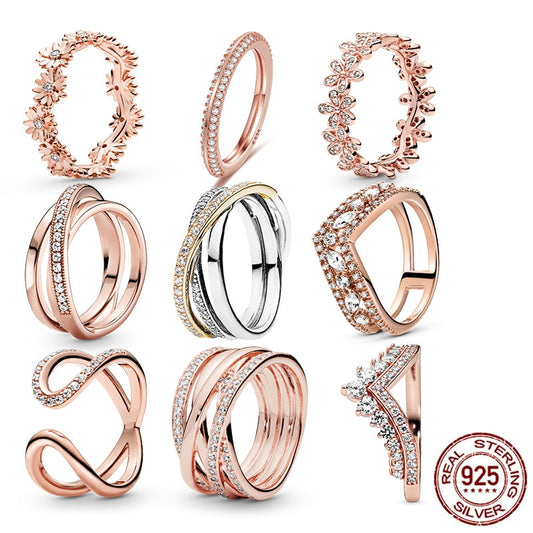 Rose Gold Ring Sterling Silver 925 Crown Heart Wishbone Engagement Wedding Crystal Ring Gold 925 Luxury Jewelry for Women Anel