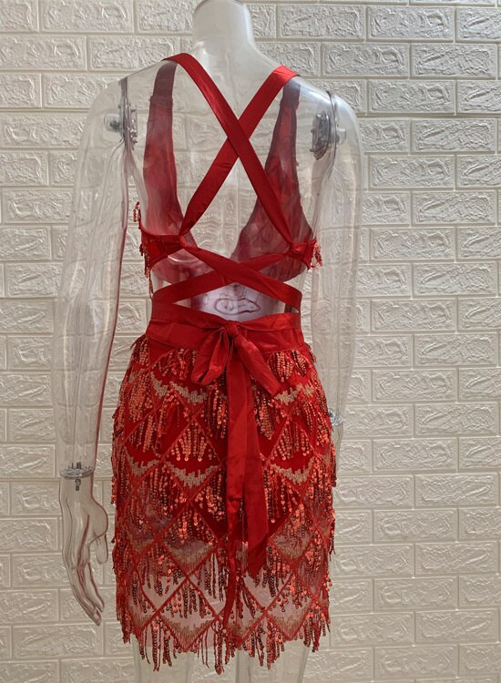 Cutubly Crop Tops And Skirt Sets Sequin Two Piece Sets Skirts Outfits Sexy Backless Nightclub Bandage Dress Sets Lady Girls New