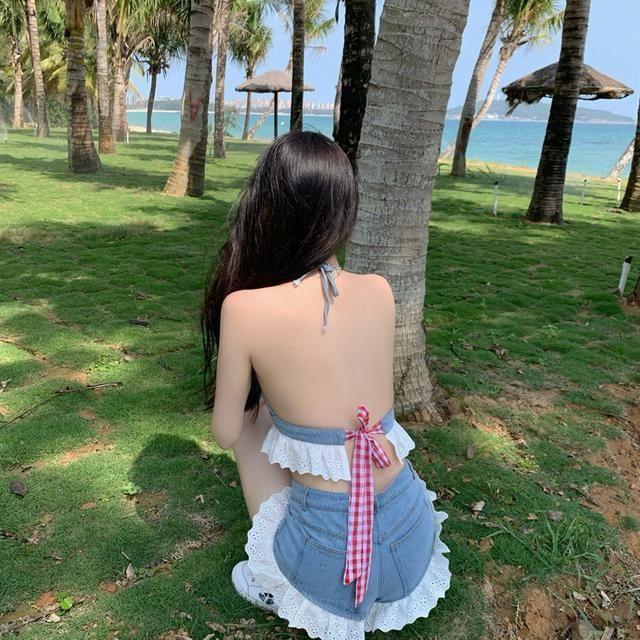 Lolita Girls Blue Denim Lace Two Piece Set Sexy Women Bustier Camis Crop Top High Waist Shorts Outfits Sexy Femenino 2 Piece Set