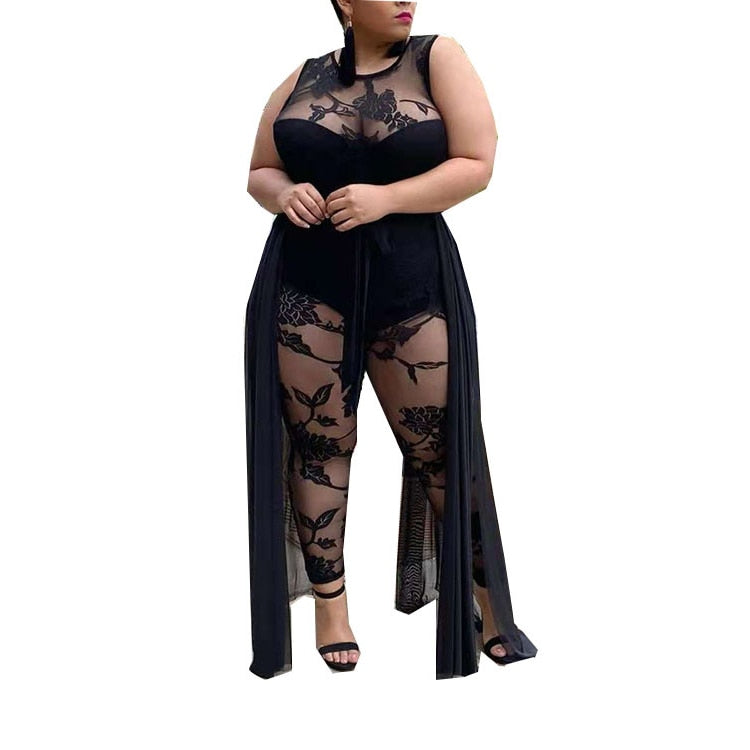 Black Sleeveless Jumpsuit Women Elegance Summer Street Wear Round Collar Lace Flocking Print Casual Base Wholesale Dropshipping