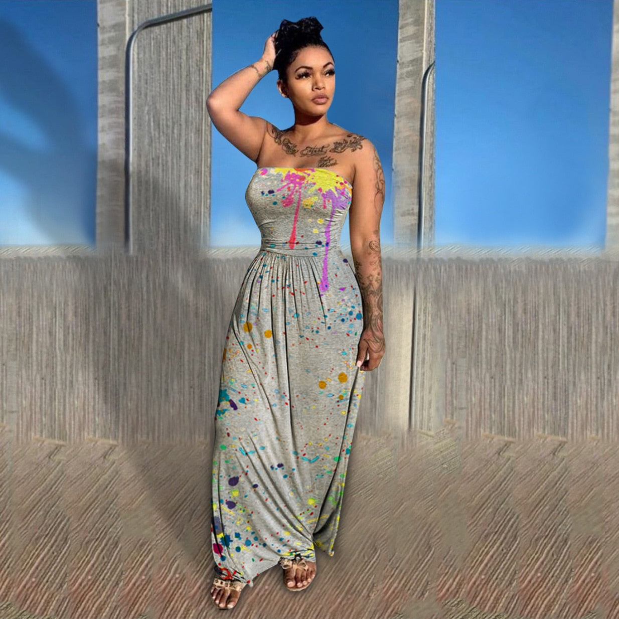 Women Casual Strapless High Waist Loose Hem Maxi Dress for Streetwear Beach Sexy Summer Floor Length Long Dresses