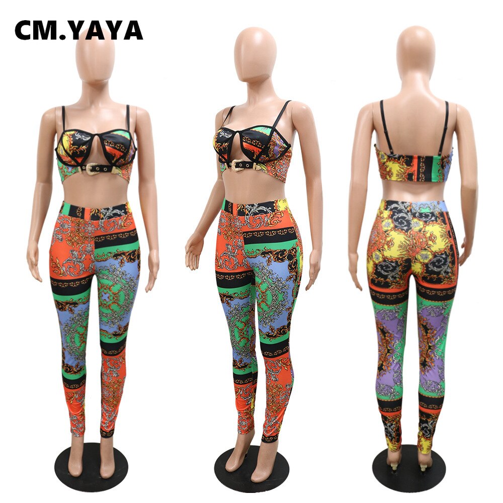 CM.YAYA Paisley Active Yoga Set for Women 2022 Summer Beach Sexy Party Tracksuit Crop Tops and Leggings Pants Two 2 Piece Set