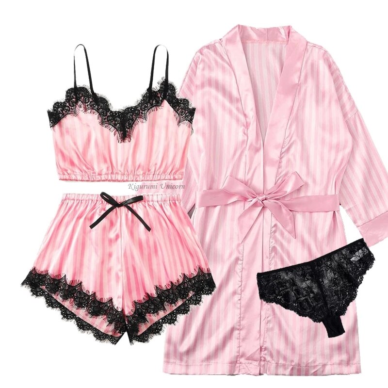 2022 New Robe Sets Pijamas Women Faux Silk Pajamas for Women Sexy Lace Hot V-neck Sleep wear Satin Summer Clothing Sets Homewear