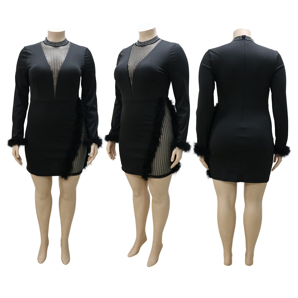 Elegant Trendy Plus Size Women Clothing Round Neck Long Sleeve Diamonds Mesh Patchwork Feather Sexy Evening Dresses Wholesale