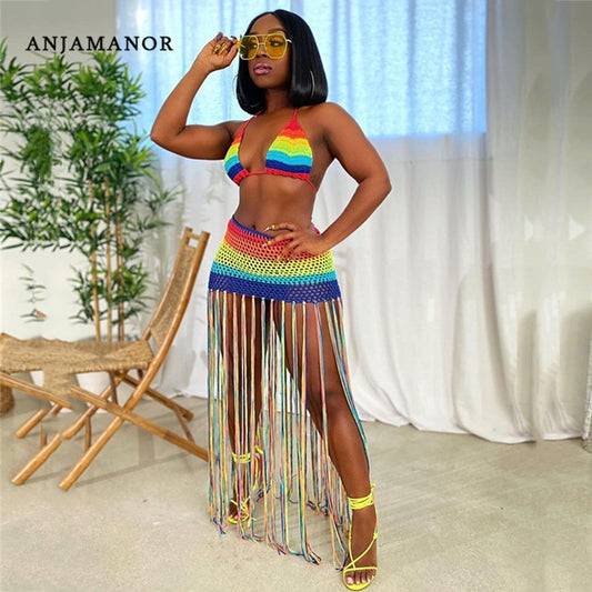 ANJAMANOR Rainbow Crochet Tassel Sexy 2 Piece Set Crop Top and Skirt Beach Party Club Birthday Outfits for Women D48-DF23