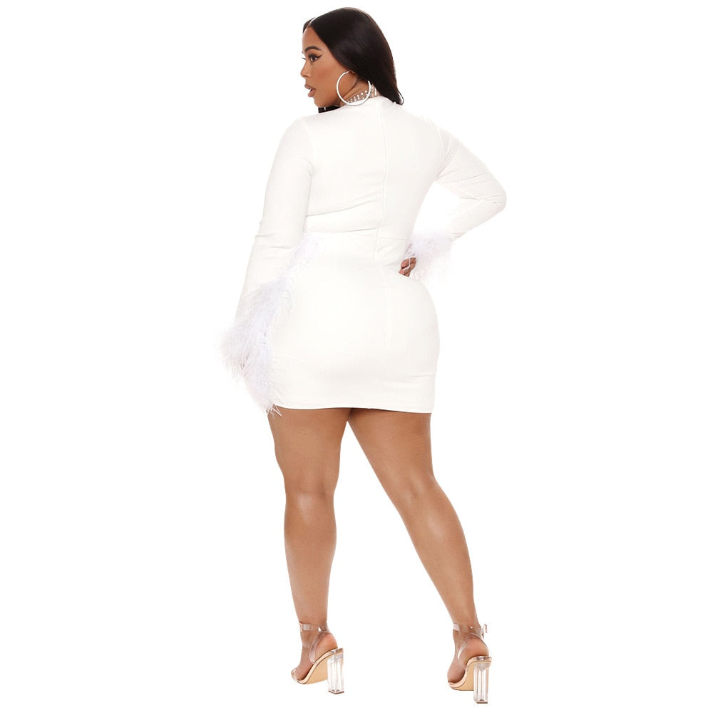 Elegant Trendy Plus Size Women Clothing Round Neck Long Sleeve Diamonds Mesh Patchwork Feather Sexy Evening Dresses Wholesale