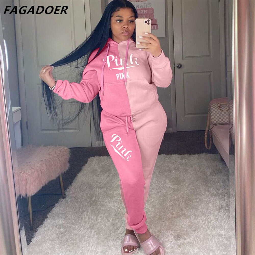 FAGADOER Autumn PINK Embroidery Two Piece Sets Tracksuit Women Outfits Patchwork Long Sleeve Sweatsuits Hoodies Pants Sets Suit