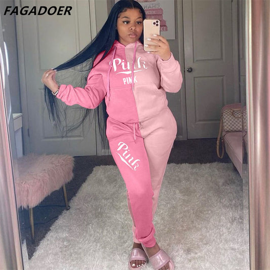 FAGADOER Autumn PINK Embroidery Two Piece Sets Tracksuit Women Outfits Patchwork Long Sleeve Sweatsuits Hoodies Pants Sets Suit