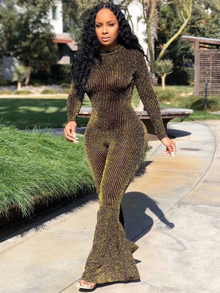 Bling Lurex Sexy Bell Bottom Bodysuit Long Sleeve Striped Flare Jumpsuit Party Night Club Ladies One Piece Bodycon Bodysuit
