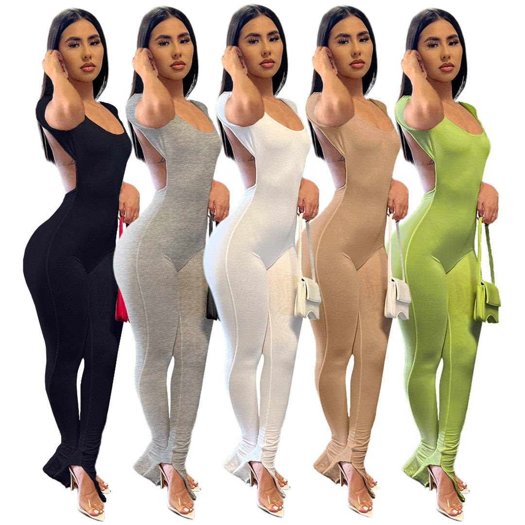 Echoine 2022 Women New Solid Backless Slit Flared Long Pants  bodysuits Short Sleeve Jumpsuits Fasion Sexy Club Party overalls