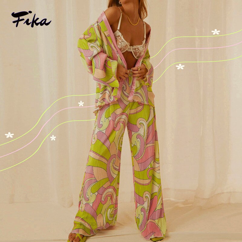 Women's Pleated Set Floral Elegant Casual Long Sleeve Blouses with High Waist Pants Set Female Loose Shirts Two Piece Pant Set