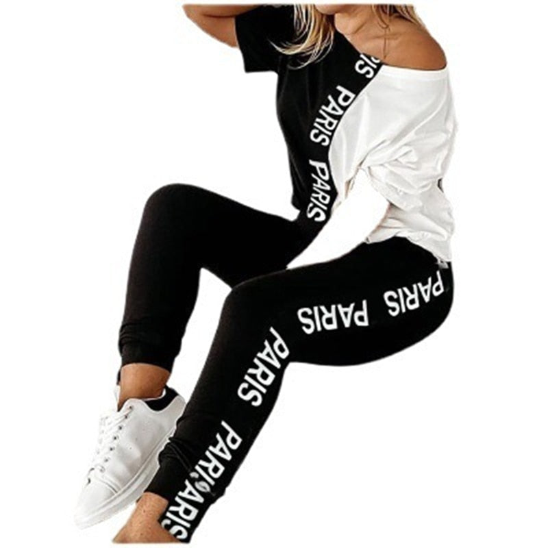 Off Shoulder Tracksuit Women Two Piece Set Summer Clothes Letter Print Colorblock Tshirt Top and Pants Suit Women's Sets Outfits