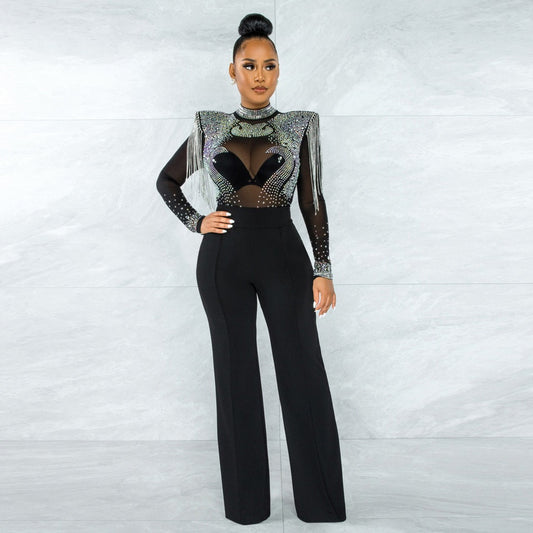 Women Sexy Romper Shining Embellished Rhinestones Luxury One Piece Jumpsuit Tassel Mesh See Through Transparent Night Club Party