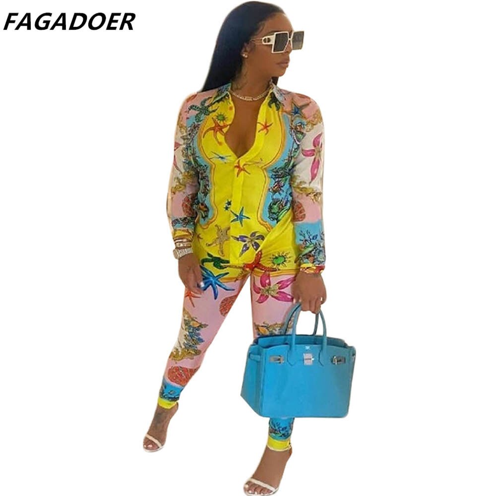 FAGADOER Women Starfish Pattern Print Two Piece Sets New Turndown Collar Button Shirt And Skinny Pants Outfit Fashion Streetwear