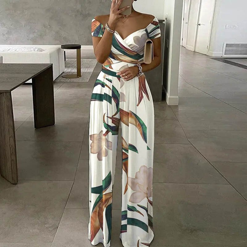 2022 New Summer Women Jumpsuits One Piece Mono Mujer Wide Leg Pants Straight Floral Print Jump Suit Sexy Office Rompers
