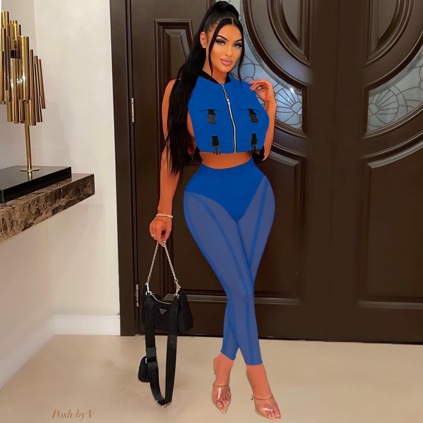 Fitness Sporty Two Piece Sets Women Summer Tracksuit Solid Zips Jackets Tops Sheer Mesh Leggings Pants Outfit Party Club Suits