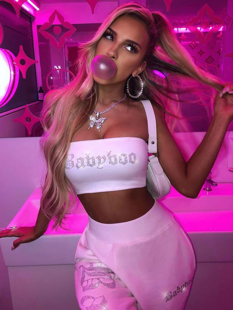 SRUBY Winter Diamond Two Piece Set Crop Top And Tracksuit Joggers 2 Piece Pants Set Rhinestones Jogging Long Suits Women Sweater
