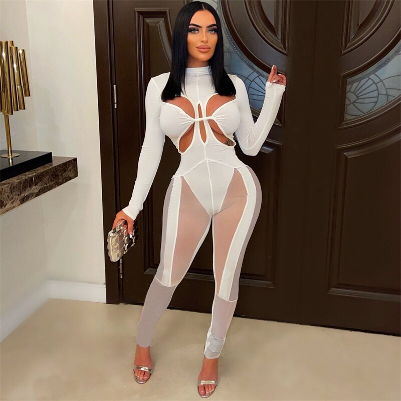 Sexy Sheer Mesh Patchwork Jumpsuits Women Party Night Hollow Out Long Sleeve Romper Elastic Cleavage Bodycon Birthday Outfits