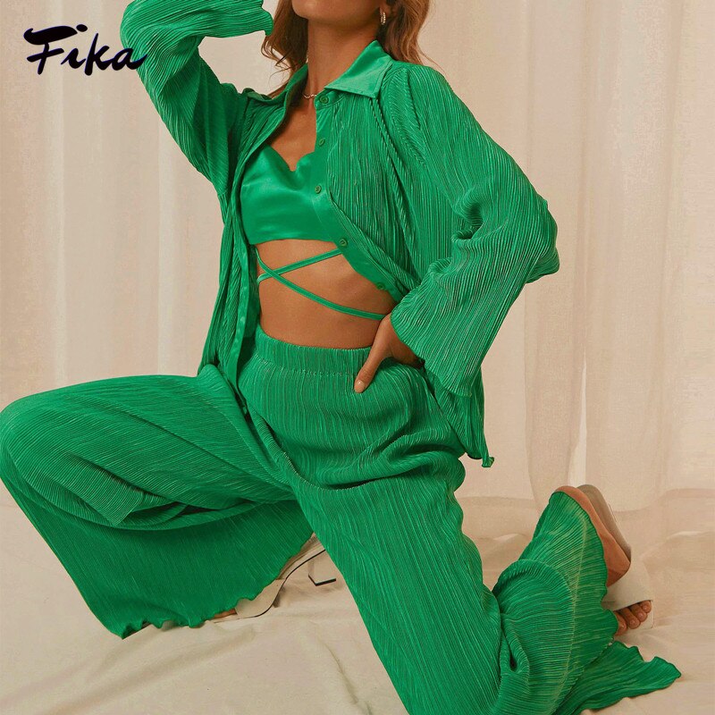 Women's Pleated Set Floral Elegant Casual Long Sleeve Blouses with High Waist Pants Set Female Loose Shirts Two Piece Pant Set
