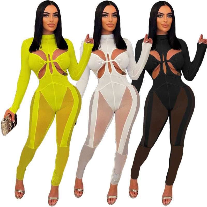 Sexy Sheer Mesh Patchwork Jumpsuits Women Party Night Hollow Out Long Sleeve Romper Elastic Cleavage Bodycon Birthday Outfits