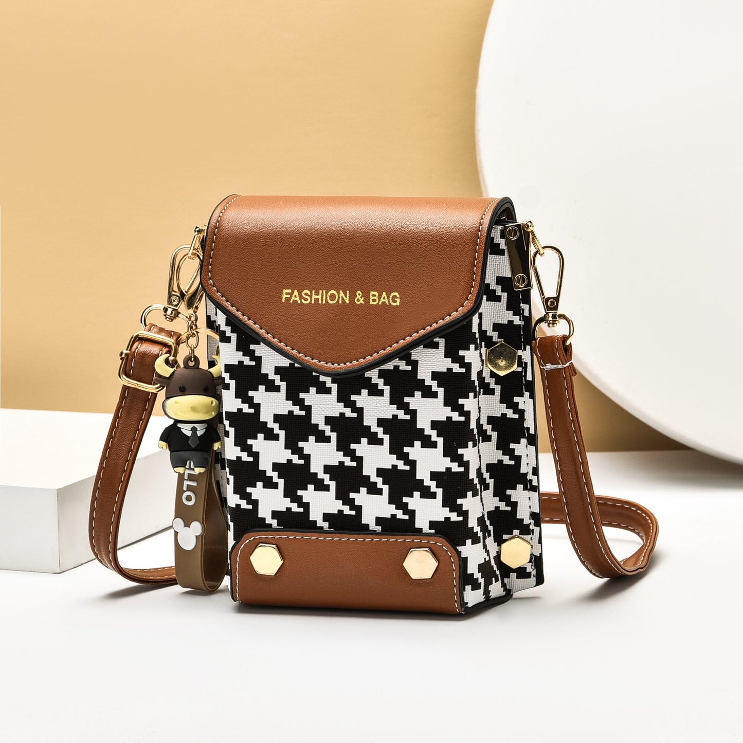 Fashion Women Pattern Shoulder Bag Hardware Chain Strap Color Block Messenger Handbag Composite Cross Body Bag