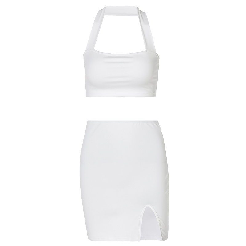 Europe And The United States Spring/Summer 2022 New Fashion Women'S Sexy Solid Color Halterneck Wrap Chest Split Short Skirt Set
