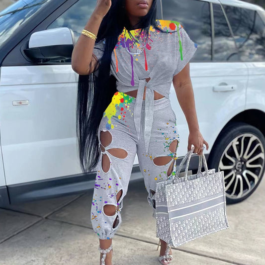 Women Two 2 Piece Set Splash Ink Tie Hem T-shirt and Hole in Lace Pants Streetwear Tracksuit 2022 Office Casual Suit