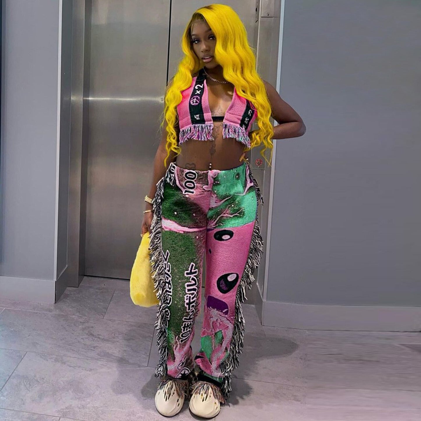 Print Tassel Beach Wear Two Piece Set Sexy V Neck Halter Lace Up Crop Top + Straight Pants Suits Club Party Tracksuit Women