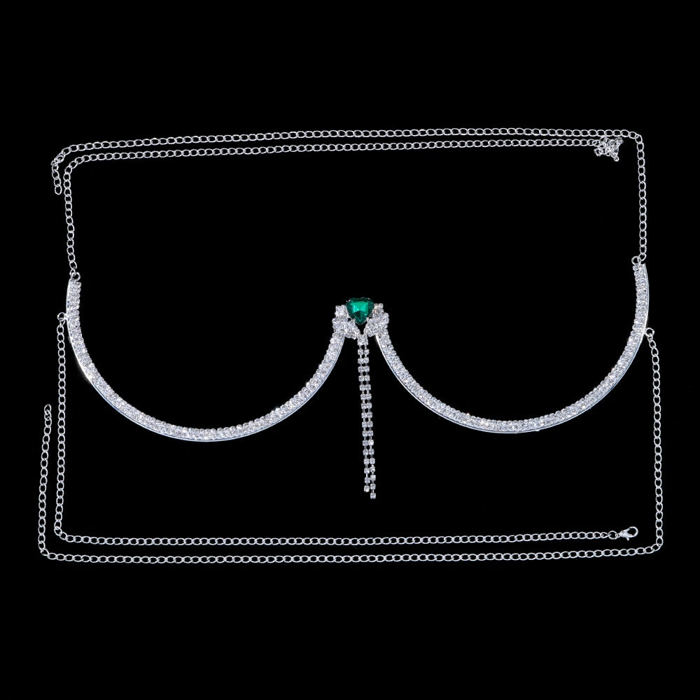 Stonefans Luxury Green Heart Crystal Chest Bracket Lingerie Chain Ladies Rhinestone Breast Bra Chain Sexy Bikini Outfits Jewelry