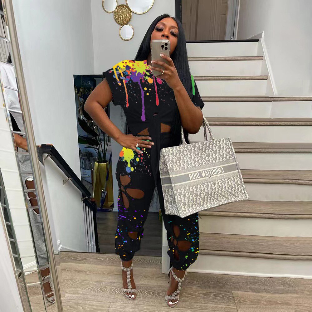 Women Two 2 Piece Set Splash Ink Tie Hem T-shirt and Hole in Lace Pants Streetwear Tracksuit 2022 Office Casual Suit
