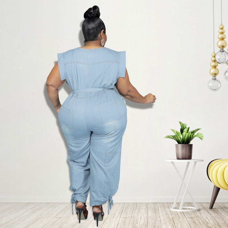 Women Clothing Summer Denim Jumpsuit Washed Jeans Romper Buttons Jump Suit Cowboy Wide Leg Pant Jumpersuit Streetwear