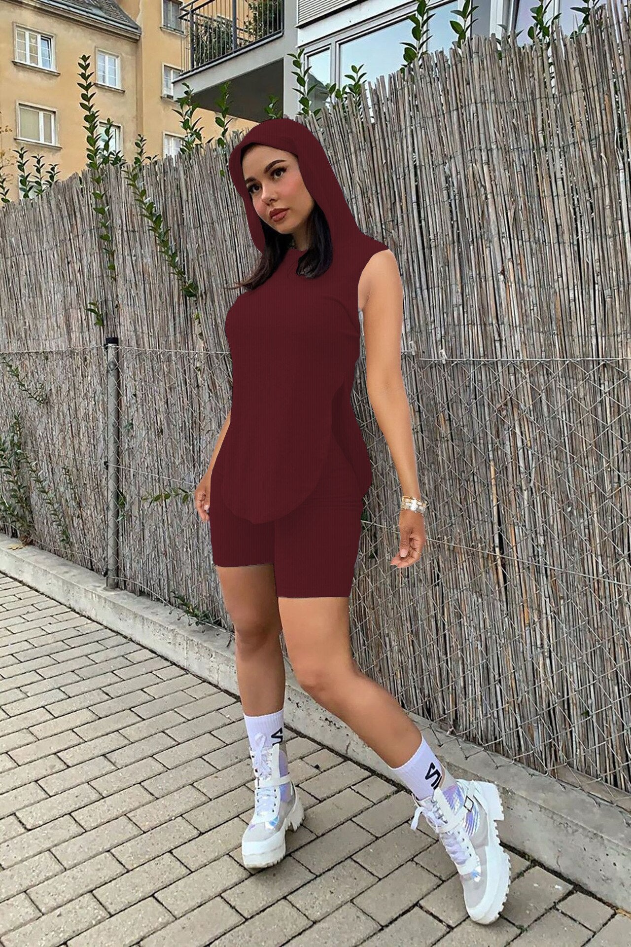 Women's Summer Casual Pit Strip Hood Two Piece Crew Neck Short Sleeve Top and Shorts Pants Printed Fashion Two Piece Set