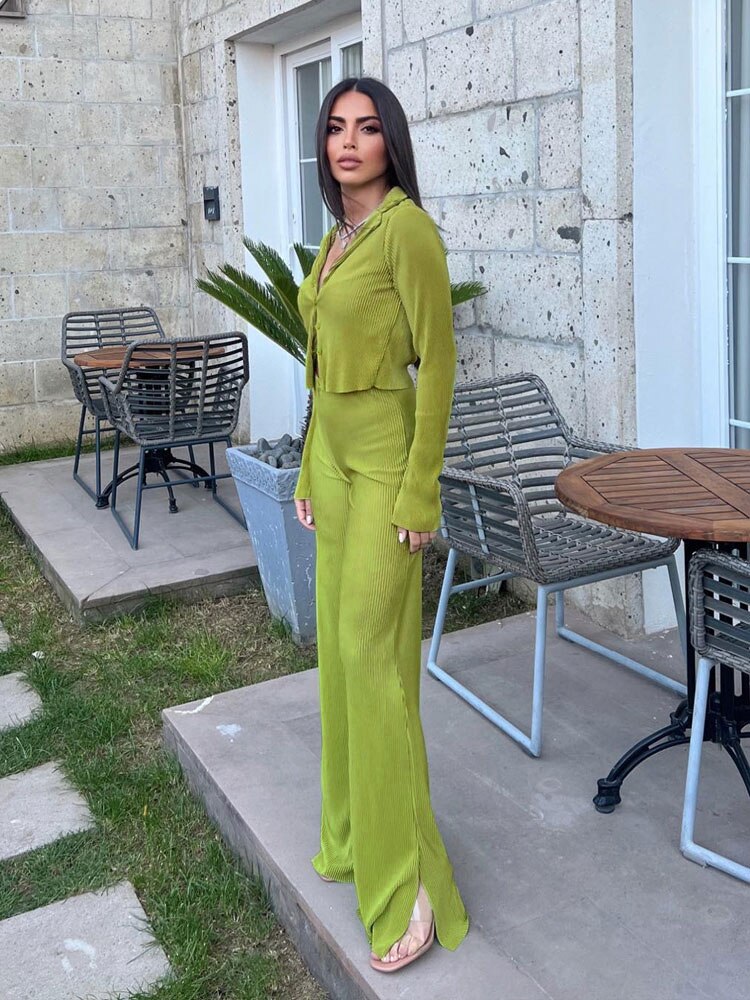 Women Pleated Sets Long Sleeve Blouse Two Piece Sets Casual Outifits Tracksuit Green Loose High Waist Wide Leg Pants Suits 2022