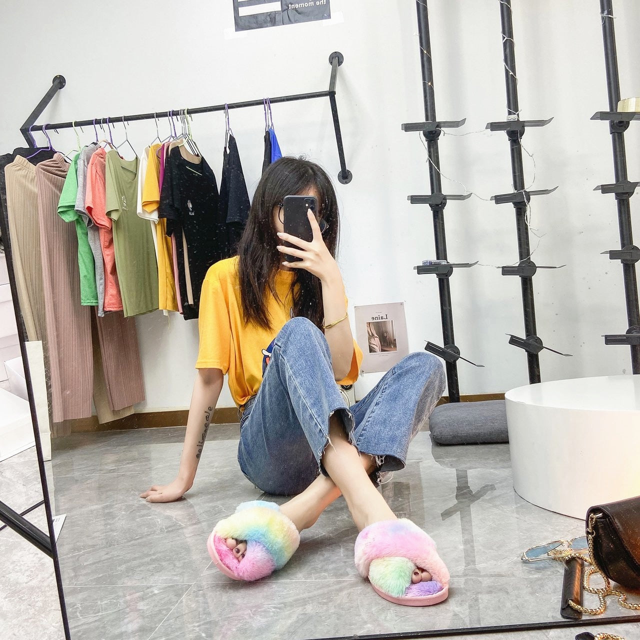 Winter Mixed-Color House Women Fur Slippers Rainbow Color Bedroom Girls Plush Shoes Open Toe Indoor Ladies Furry Slippers