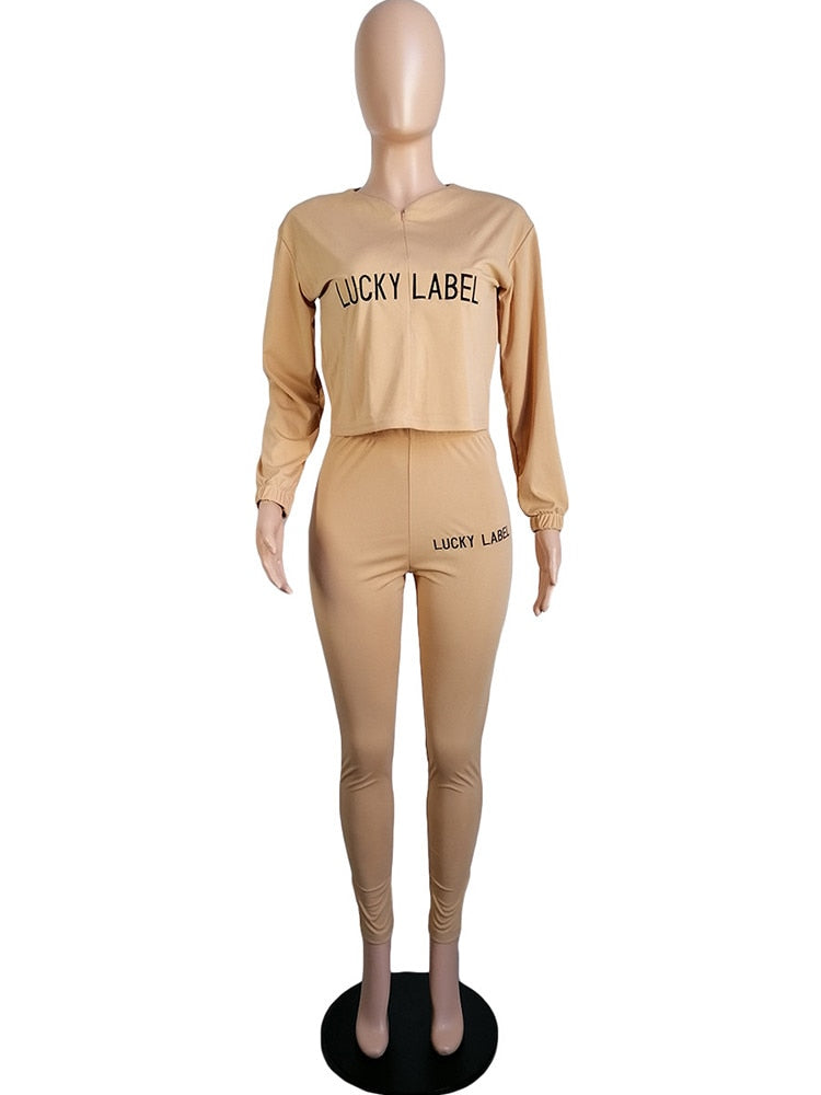 LUCKY LABEL Embroidery Long Sleeve Loose Crop Top and Skinny Pencil Legging Casual Sweatsuits 2 Piece Matching Set Co-ord Outfit